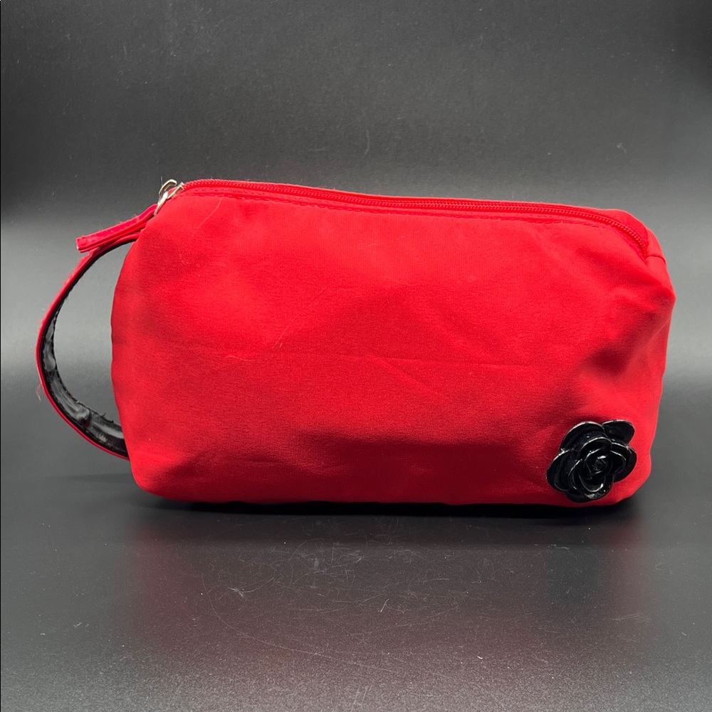 Lancome Red Nylon Cosmetic Bag with Black Rose Detail and Clutch Handle